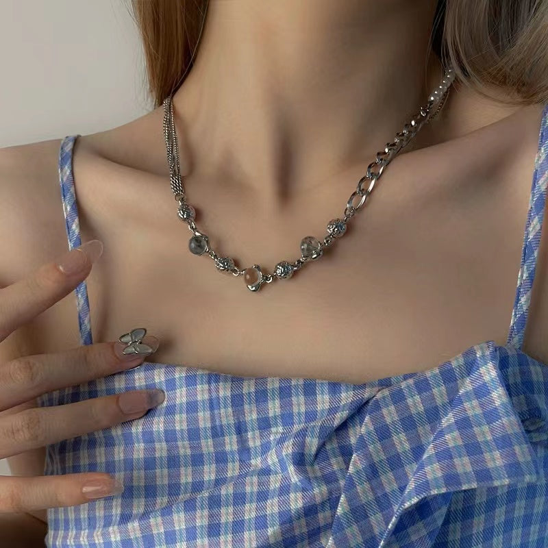 Sweet cool personality round bead splicing pearl necklace female light luxury niche ins hip-hop cold wind design sense collarbone chain