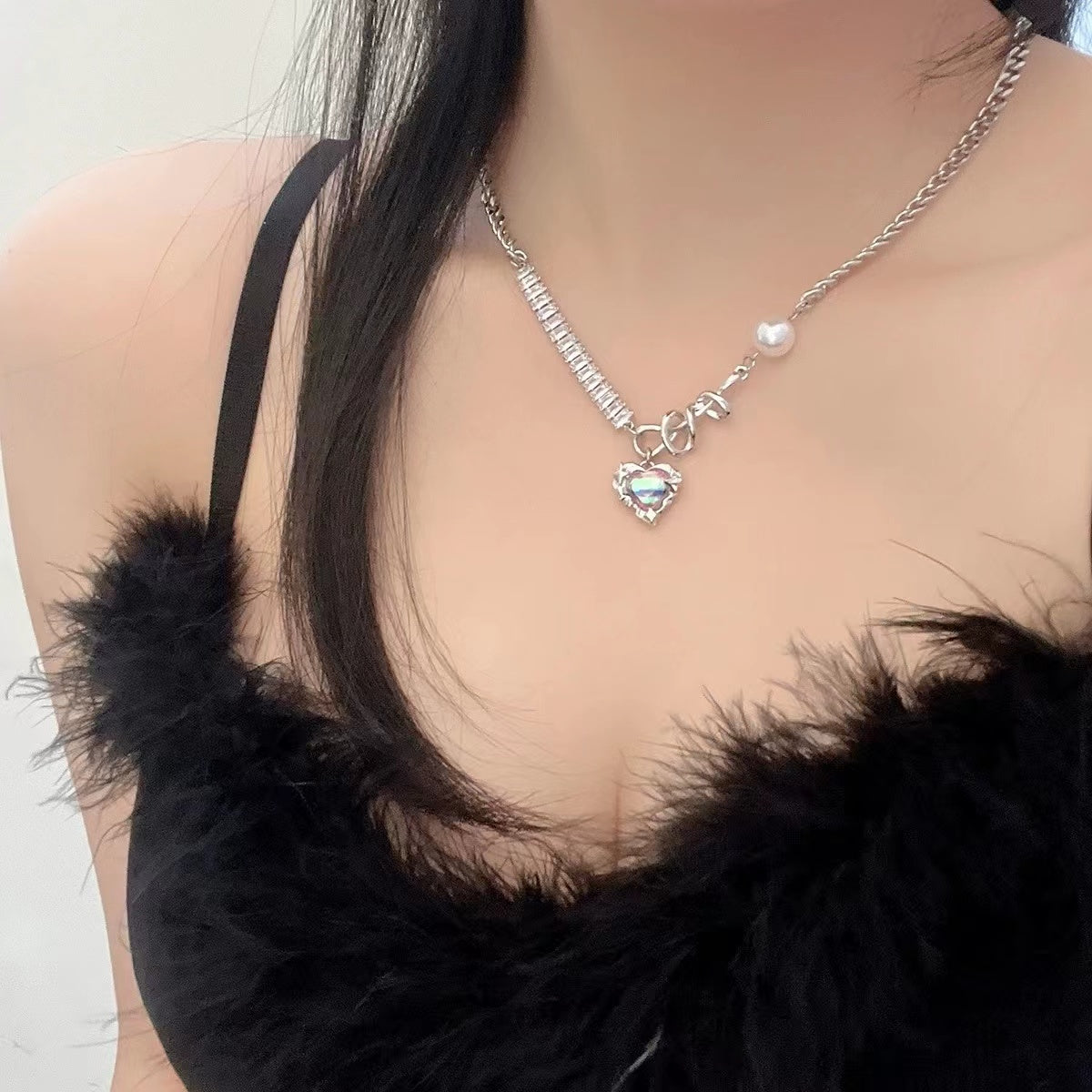 Colorful love stitching rhinestone pearl necklace female light luxury ins niche simple personality sweet cool wind collarbone chain tide
