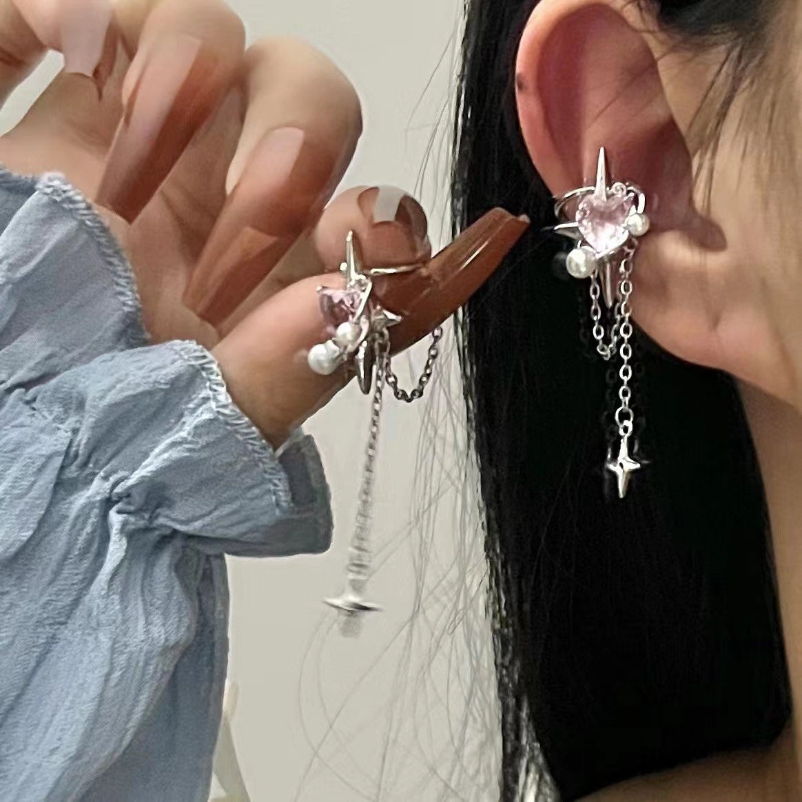 Sweet sister ear clips female sweet cool Japanese and Korean temperament love mansard powder zirconia earrings
