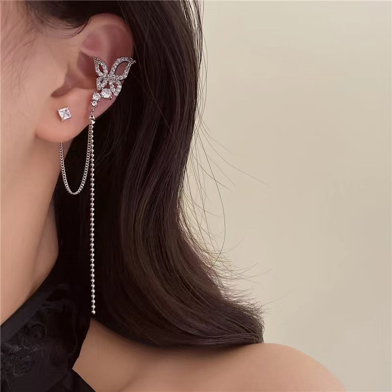 French fairy design senior sense white stone butterfly silver pin earrings