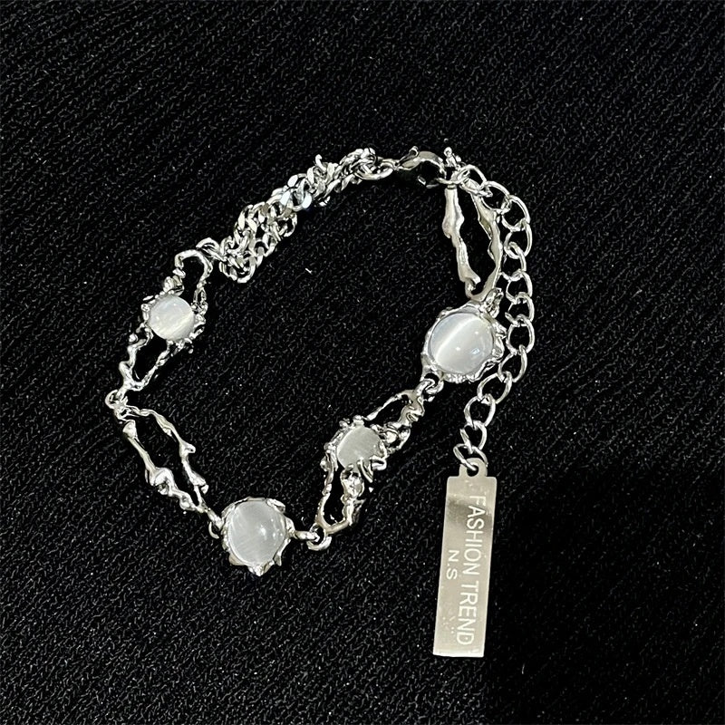 Titanium Steel Niche Design Moonstone Splicing Bracelet Advanced Cold Wind White Agate Gemstone Beaded Bracelet