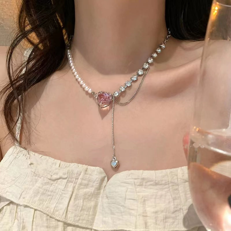 Love pearl zirconia tassel splicing necklace female summer light luxury niche design sense collarbone chain sweet cool net red accessories
