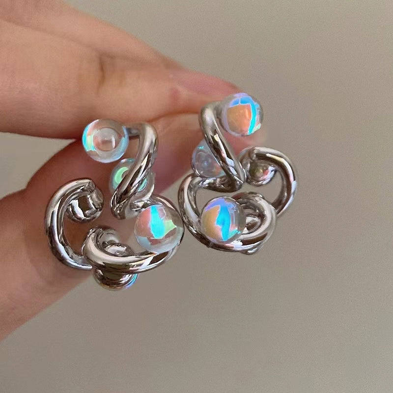 Opal stone design senior sense of silver niche cold wind earrings