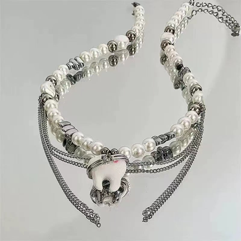 Tooth round bead mansard necklace men and women ins light luxury niche senior