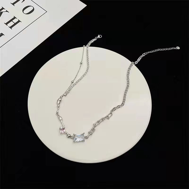 Diamond round silver collarbone chain