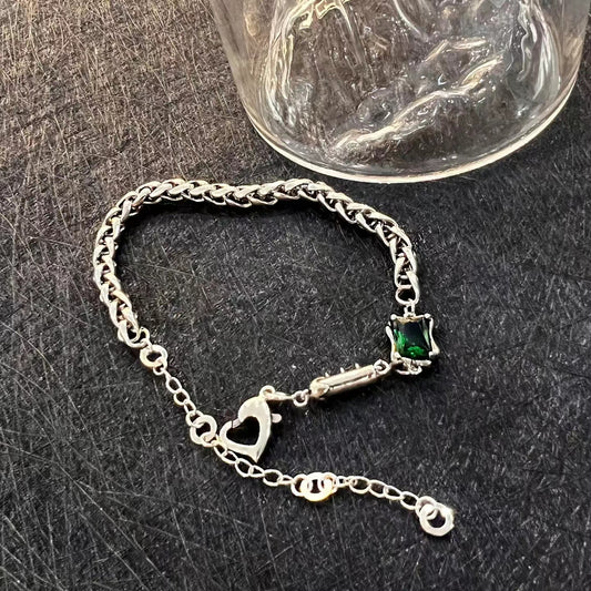 Pure white copper vintage old square emerald diamond bracelet female hollow love button head bracelet female