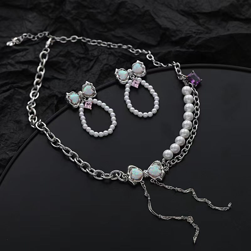 Pearl necklace female ins niche design sense sweet cool Opal bow tassel pendant Opal personality collarbone chain