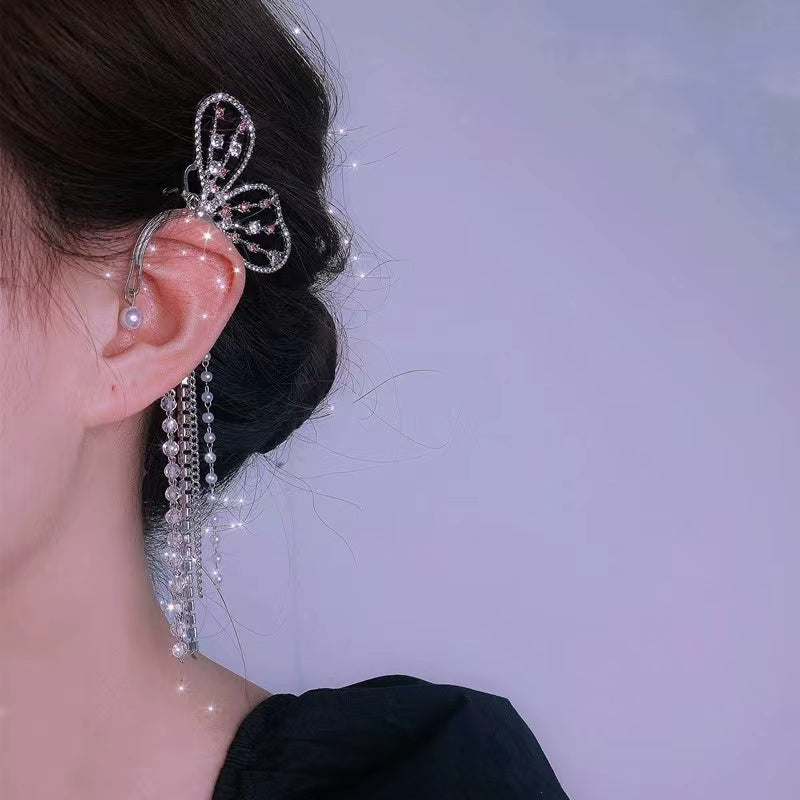 Pearl rhinestone butterfly tassel earrings earrings hang female new elf earrings no ear hole ear bone clip earrings