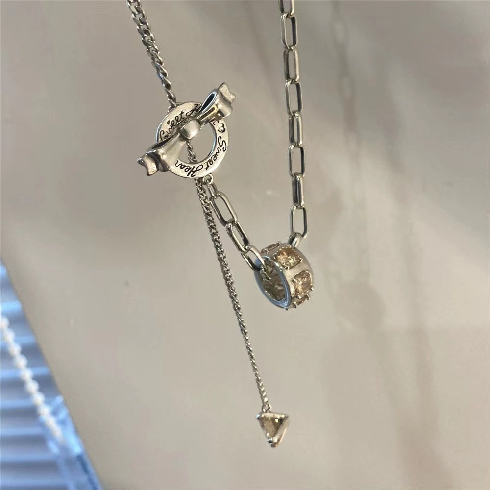 s925 sterling silver zirconia OT buckle bow necklace sweater chain female autumn and winter light luxury niche design sense fashion senior