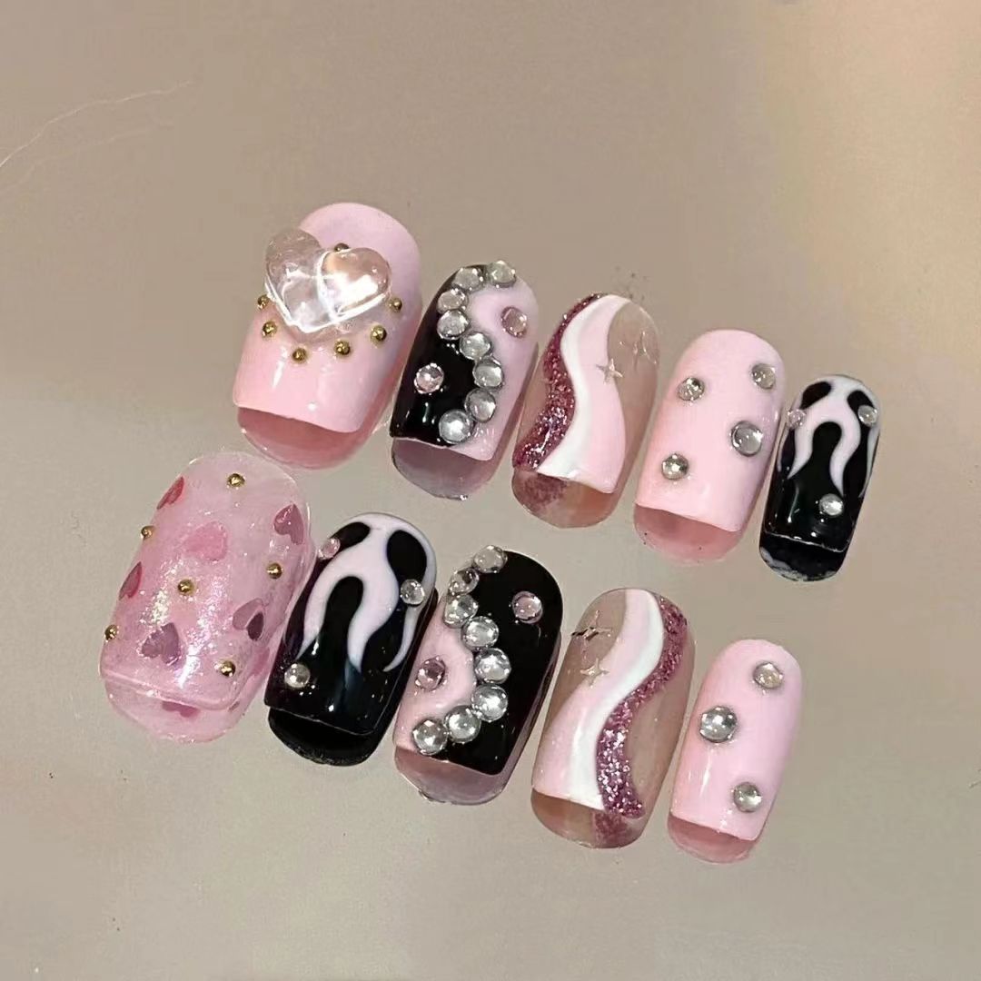 Sweet Cool Hottie Pink Tai Chi Flame Nail Crushed Diamond Nail Art 2K Short Hand Painted Wearable Nail Barbie Pink Trend