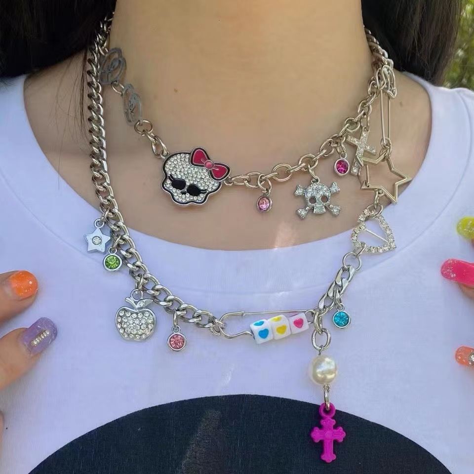 Diamond Skull Pink Stacked Necklace