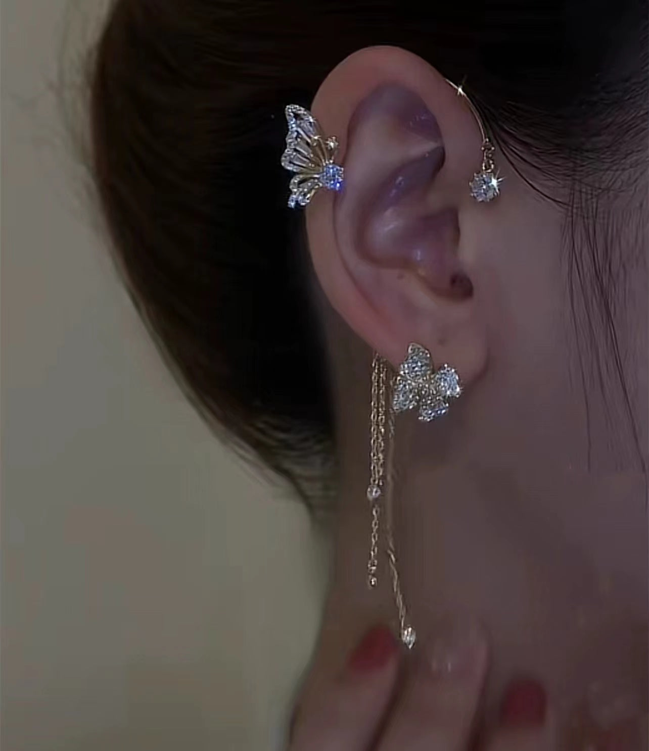 Butterfly ear hangings light luxury full zirconium butterfly flower tassel earrings
