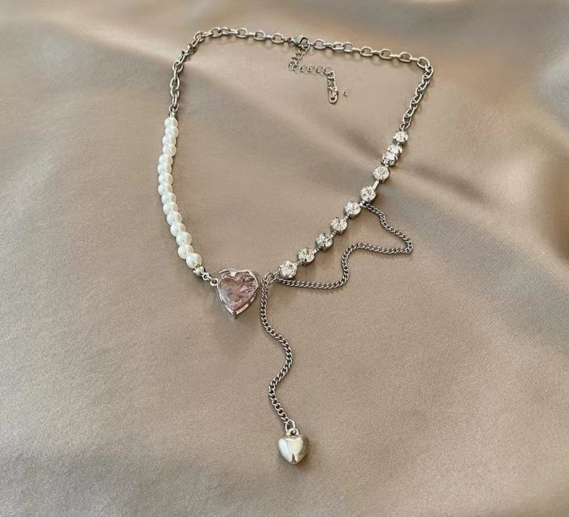 High-class feeling crystal love pearl necklace