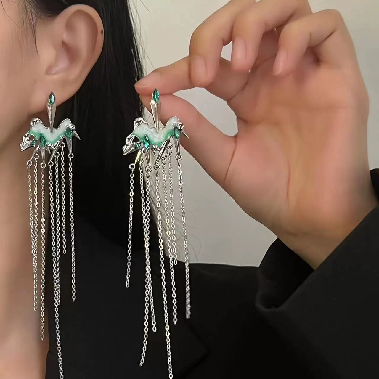 Sweet cool girl thin green zircon tassel long earrings