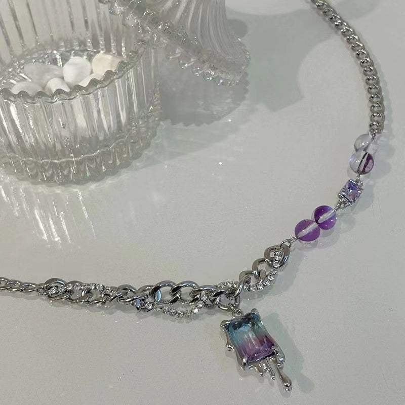 Sweet cool purple square diamond stitching round bead necklace female niche ins hip-hop design sense cold wind light luxury collarbone chain