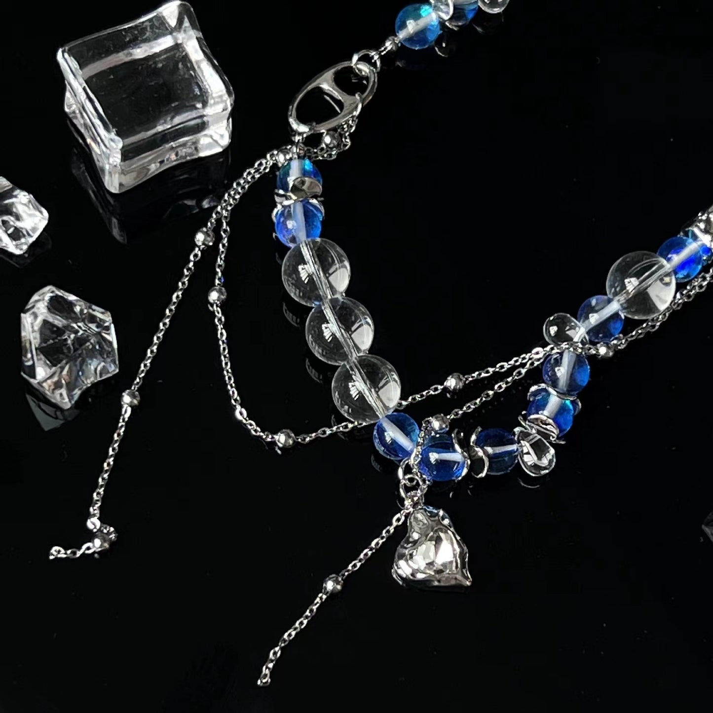 Stone blue burst crystal love planet patchwork necklace