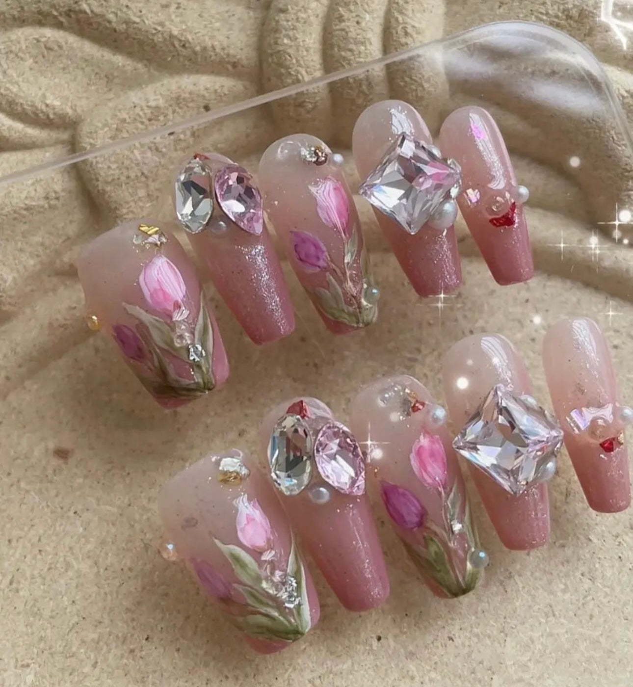 Hand-painted tulip flower diamond nails