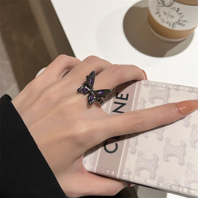 Black butterfly ring, female purple diamond inlaid with sweet cool personality, hot girl, small crowd adjustable index finger ring