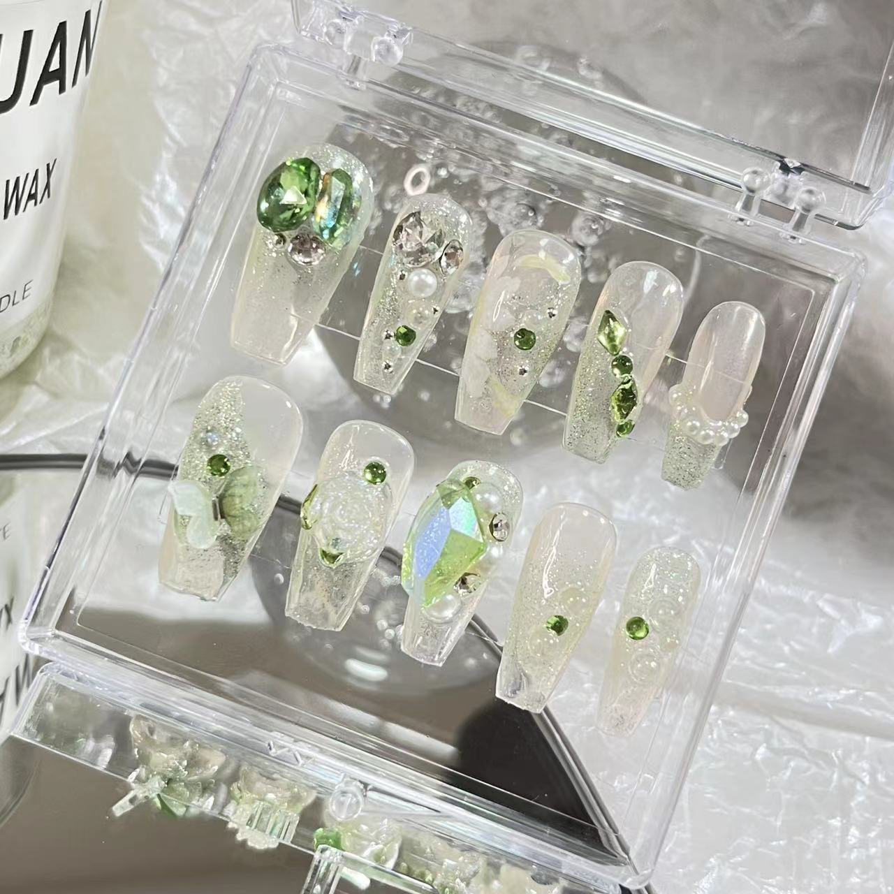 Wearing nail by hand, transparent green axe drill, color pile drill, hand-painted flowers, pregnant women and students can use removable nail enhancement